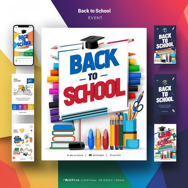 a poster with a picture of a school with a background of different colored pencils and pens