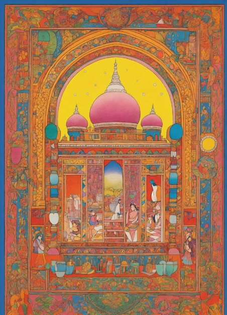 a poster with a picture of a temple with a man sitting in front of it