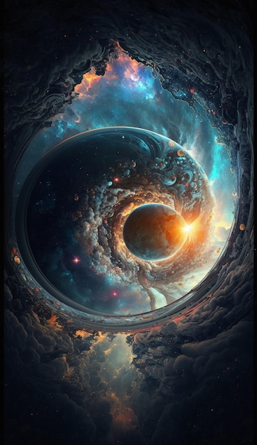 A poster with a planet and a nebula in the center