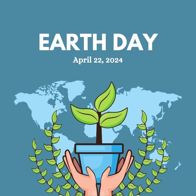 손에 식물이 있는 포스터와 바닥에 지구의 날이라는 단어
