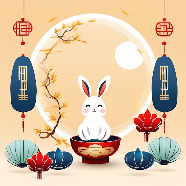 a poster with a rabbit and Chinese lanterns