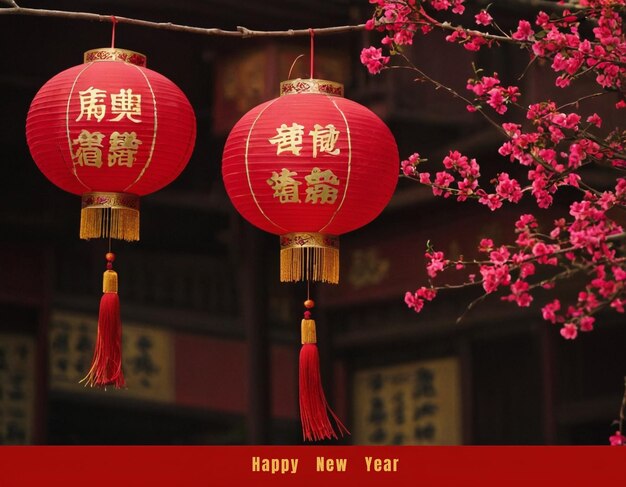 a poster with a red background with chinese lanterns