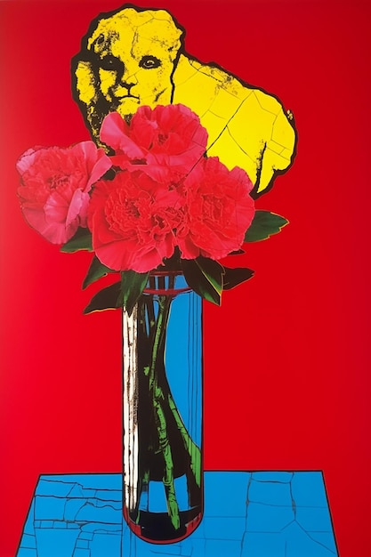 A poster with a red background with flowers in it and a red background.