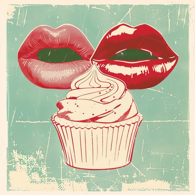 Photo a poster with a red lips and a cupcake with a green background