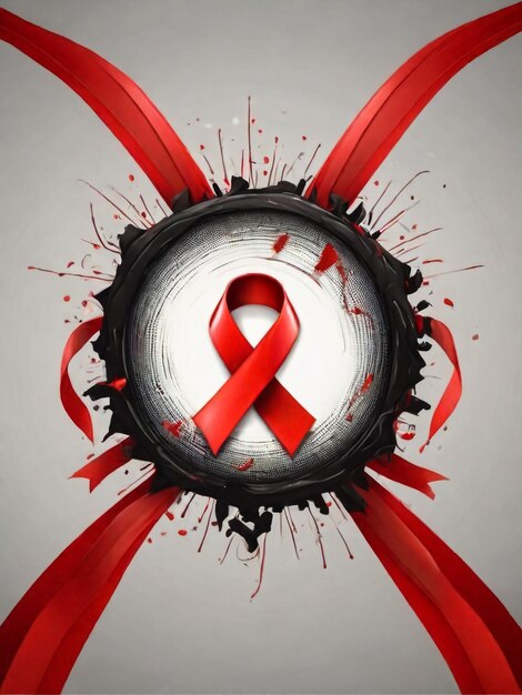 a poster with a red ribbon and a circle of red ribbon