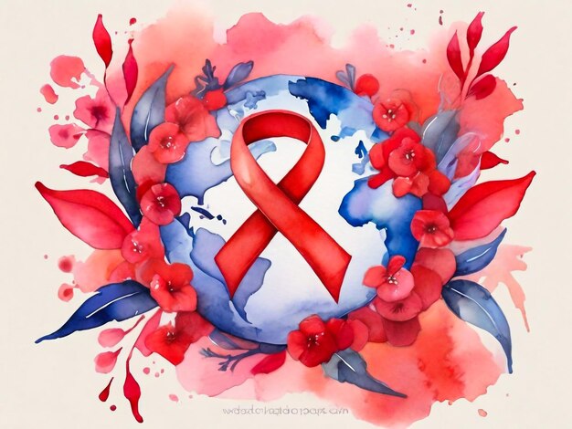 a poster with a red ribbon and flowers and the word aids