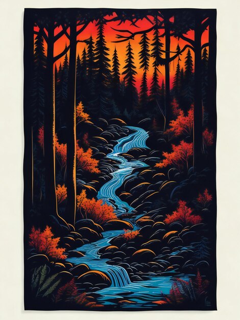 a poster with a river and trees at sunset