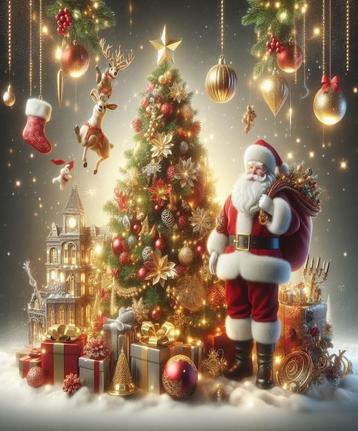a poster with a santa claus standing next to a christmas tree