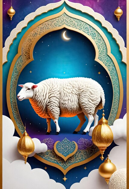 Photo a poster with a sheep on it that has a crescent moon lanterns and islamic ornaments