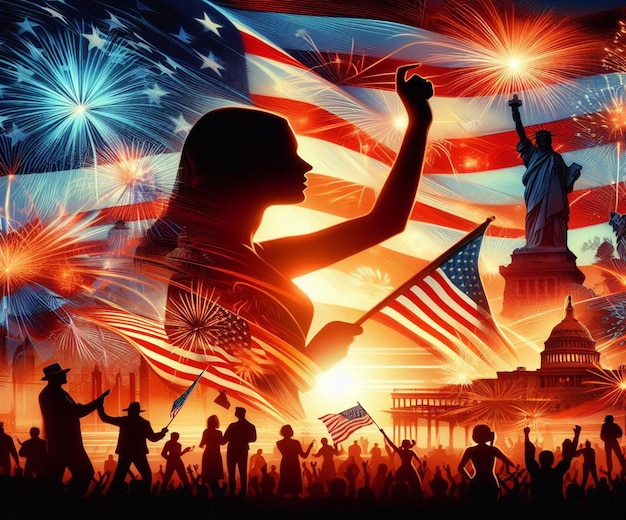 a poster with a silhouette of a woman holding a flag and the statue of liberty