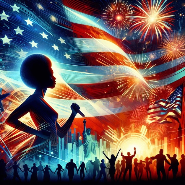 Photo a poster with a silhouette of a woman with a silhouette of a woman in front of a flag with fireworks in the background