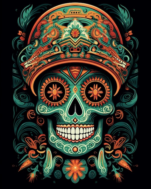 a poster with a skull and a colorful top with a colorful design.