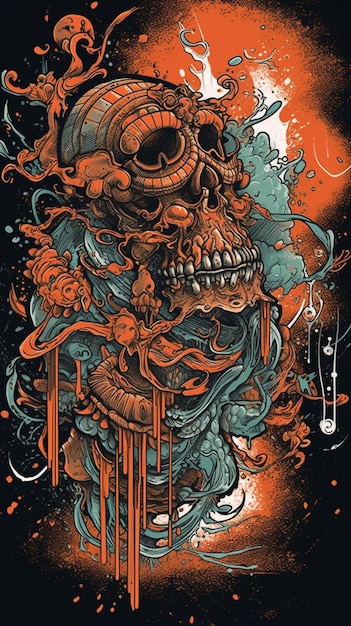 A poster with a skull and flowers on it