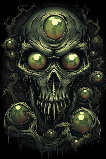 A poster with a skull and many green eyes.