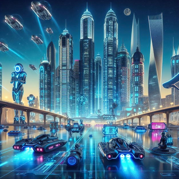 a poster with a space ship and a city in the background