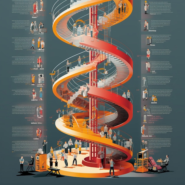 a poster with a spiral staircase and people standing around it.