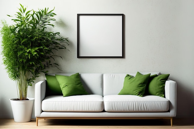 Poster with a square frame with a couch and green plants against a white wall backdrop