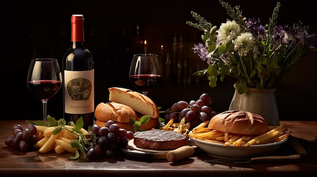 Foto un poster con una natura morta con hamburger e vino