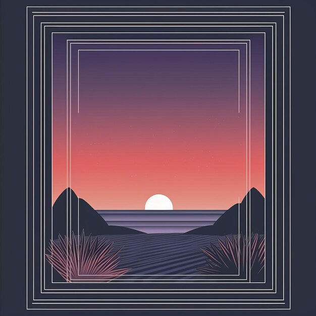 a poster with a sunset and mountains in the background