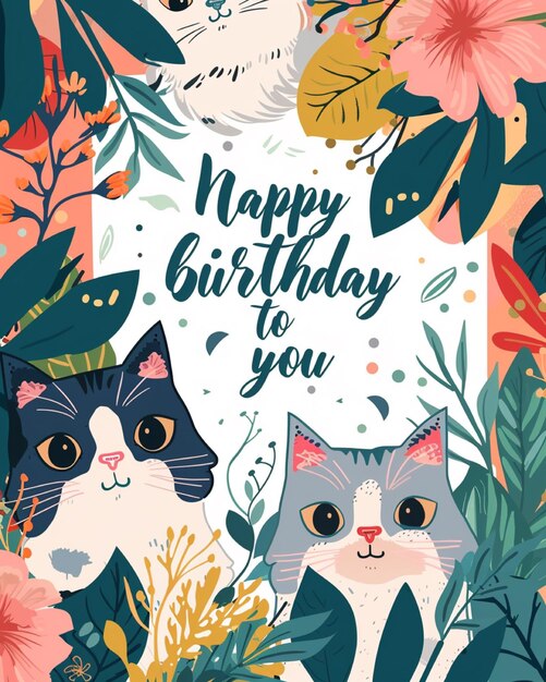 Photo a poster with two cats and a picture of a cat with the words happy birthday