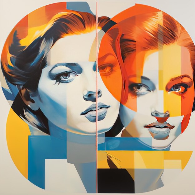 a poster with two women and the word  s  in blue and orange