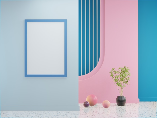 Poster with vertical frames on wall in empty room interior. 3d rendering