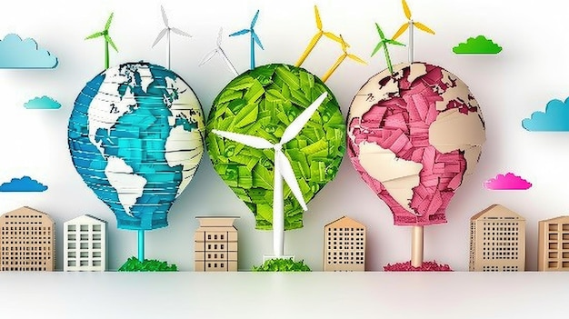 Poster with a wind power plant and a light bulb on the background of houses with people eco energy