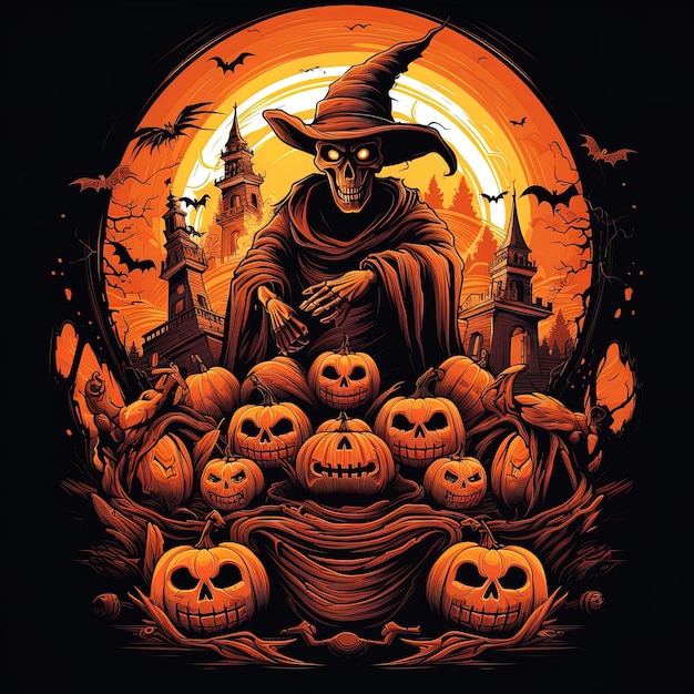 a poster with a witch and pumpkins on it