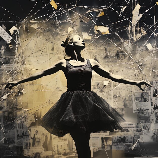 Foto un poster con una donna che balla di fronte a un muro con molte note e una foto di una donna
