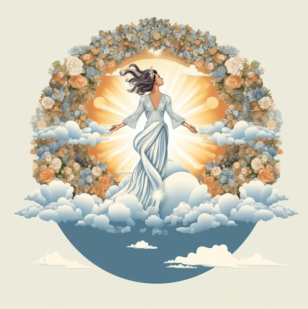 a poster with a woman holding a halo and the sun shining through the clouds.