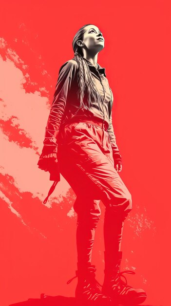 A poster with a woman standing in front of a red background