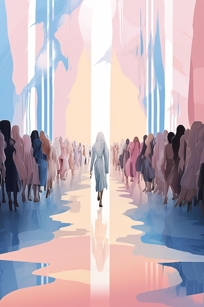 a poster with a woman walking through a crowd of people