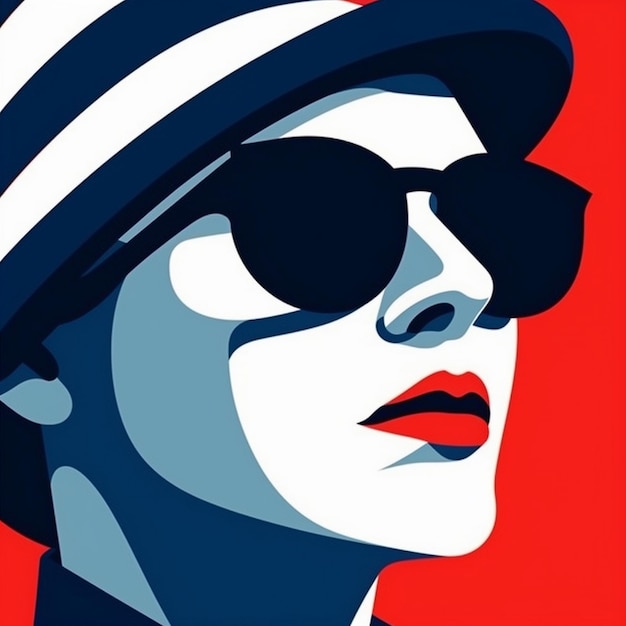 a poster with a woman wearing sunglasses and a hat.