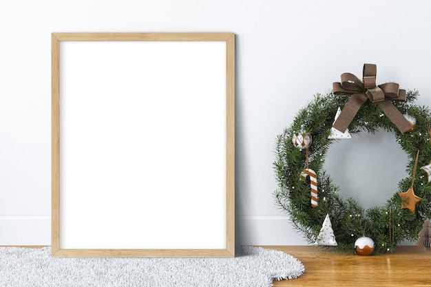 	
Poster with wood frames on empty white wall in christmas interior