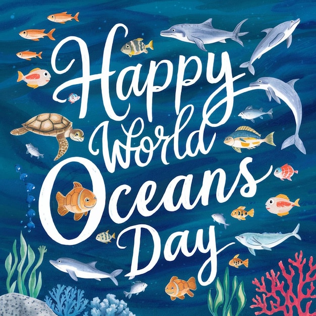 a poster with the words happy world ocean and fish