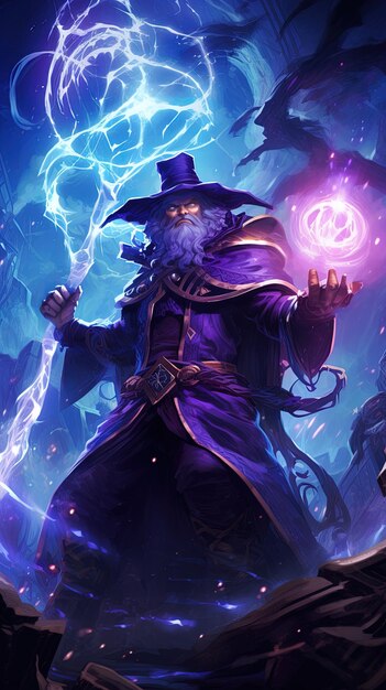 a poster of a wizard with a purple circle and a purple circle with a man in a purple suit