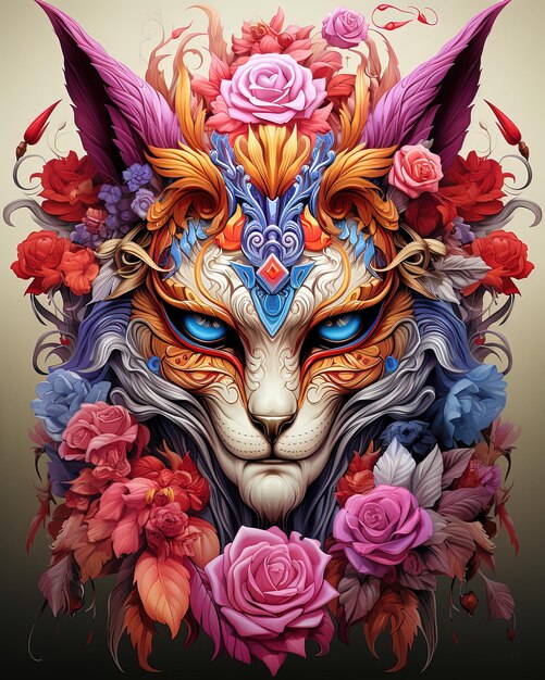 a poster of a wolf with flowers and a wolf head