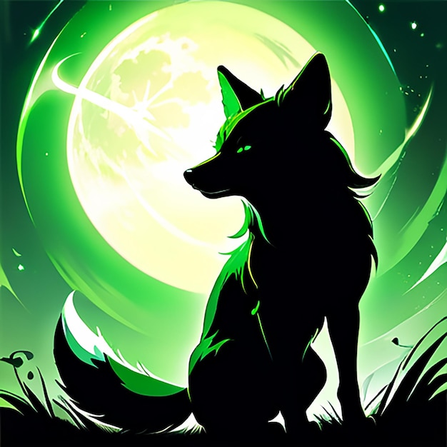 a poster for a wolf with a green background with a green moon in the background