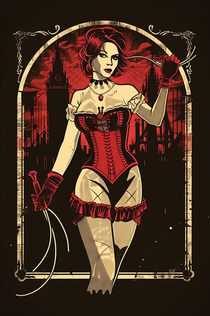 Poster of Woman in a Corset and Stockings Holding a Whip Gothic Citysc Collage Outline Banner Flyer
