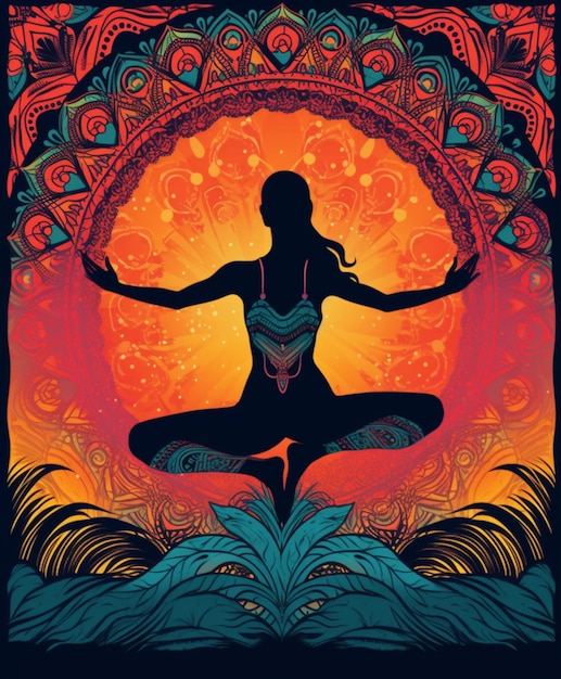 A poster of a woman doing yoga with the sun on the background.