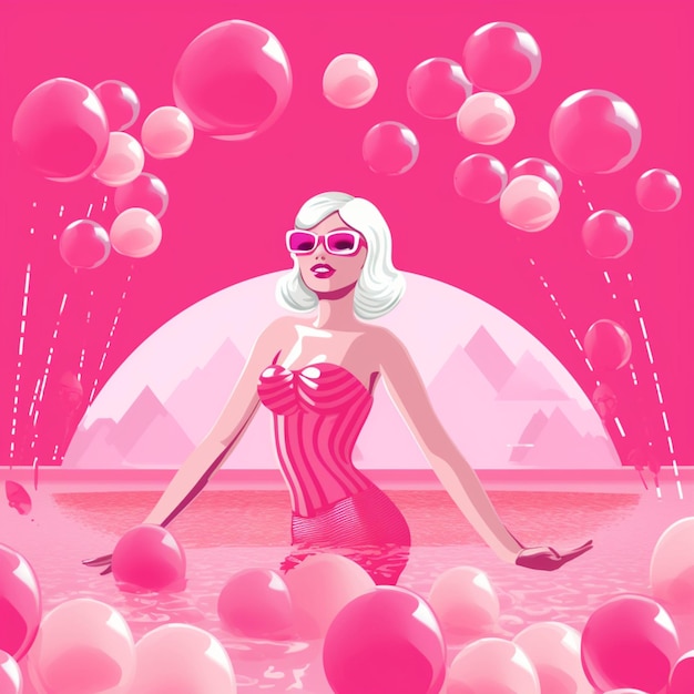 Photo a poster for a woman in a pink dress in the water with balloons in the background.