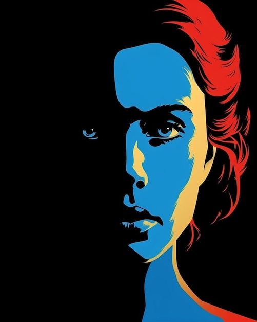 A poster of a woman's face with a blue and yellow light behind her.