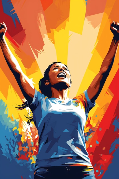 a poster for a woman with arms raised in the air