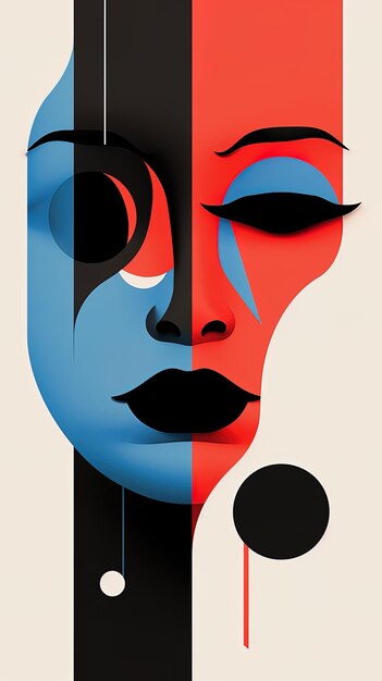 a poster for a woman with blue eyes and a blue and red face