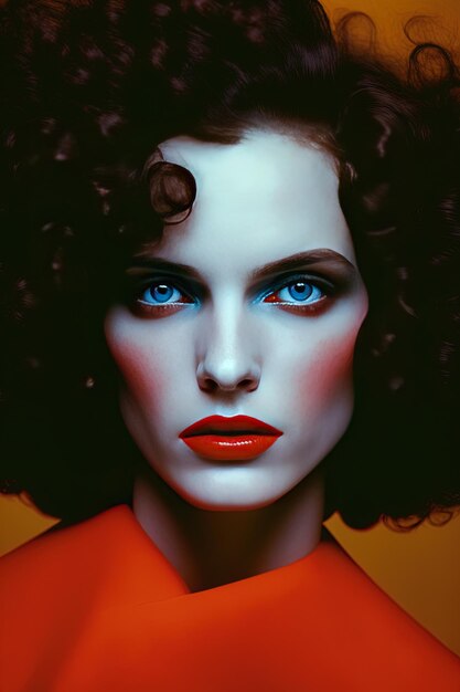 a poster of a woman with blue eyes and a red shirt with a blue eyes