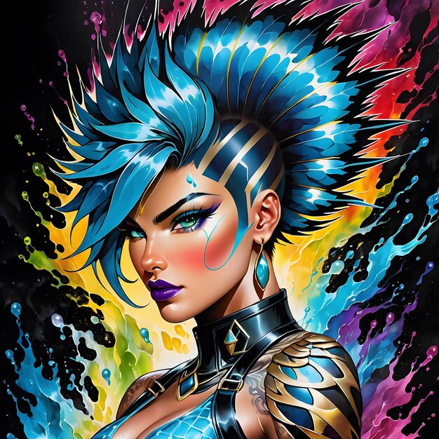 a poster of a woman with a blue hair and a blue hair style