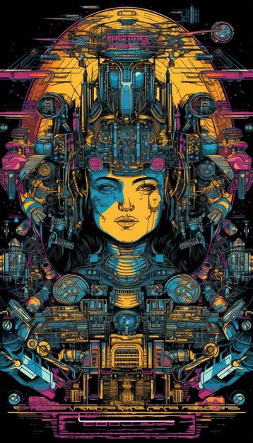 A poster of a woman with a blue and yellow face and the words'cyberpunk'on it