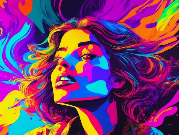 A poster for a woman with a colorful background that says