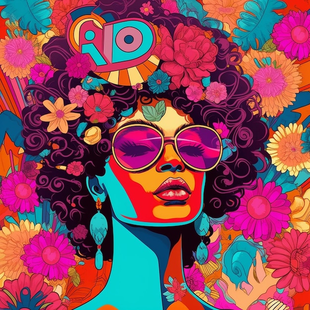 a poster of a woman with a colorful background with flowers and a picture of a woman wearing sunglasses.