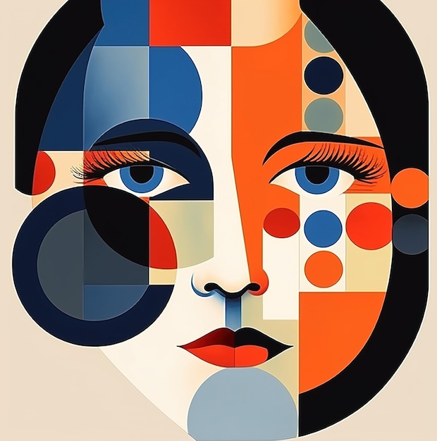 A poster for a woman with a colorful face and a blue and red and white geometric pattern.